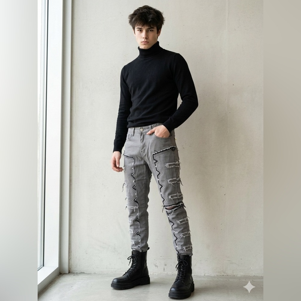 Distressed Grey Patchwork Jeans with Raw Edge Detail